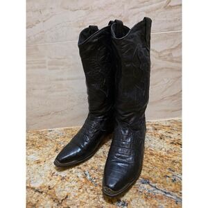 Dingo Black Leather Crocodile Embossed Pointed Toe Cowgirl Boots Western VTG 8M